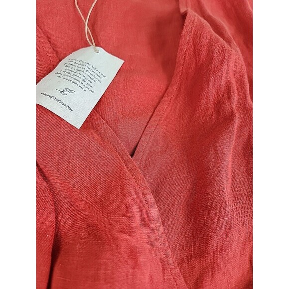 Grae Cove Linen Dress M Orange Wrap Tie Pockets V Neck Praire Cottagecore NEW - Picture 4 of 13
